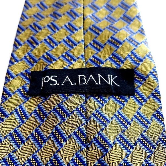 Jos A Bank Blue Yellow Woven Geometric Long Silk Tie - Picture 3 of 6